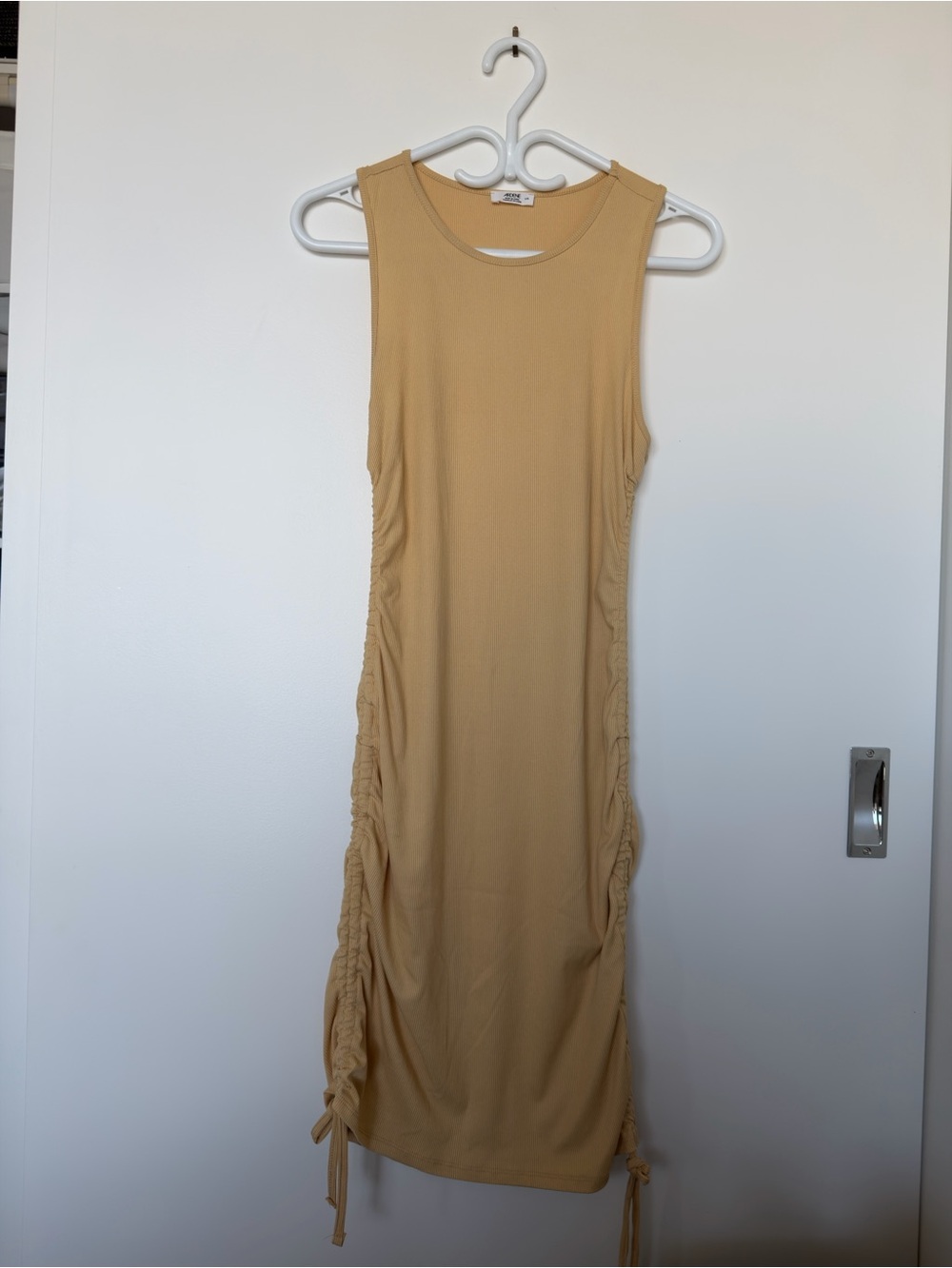Yellow Beige Ruched-side length adjustable tank bodycon dress - size L